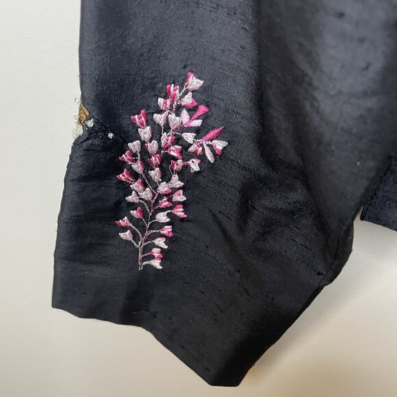 VTG 80s Blutique Black 100% Silk Jacket Multicolor Embroidered Birds Birding XS - Picture 12 of 15